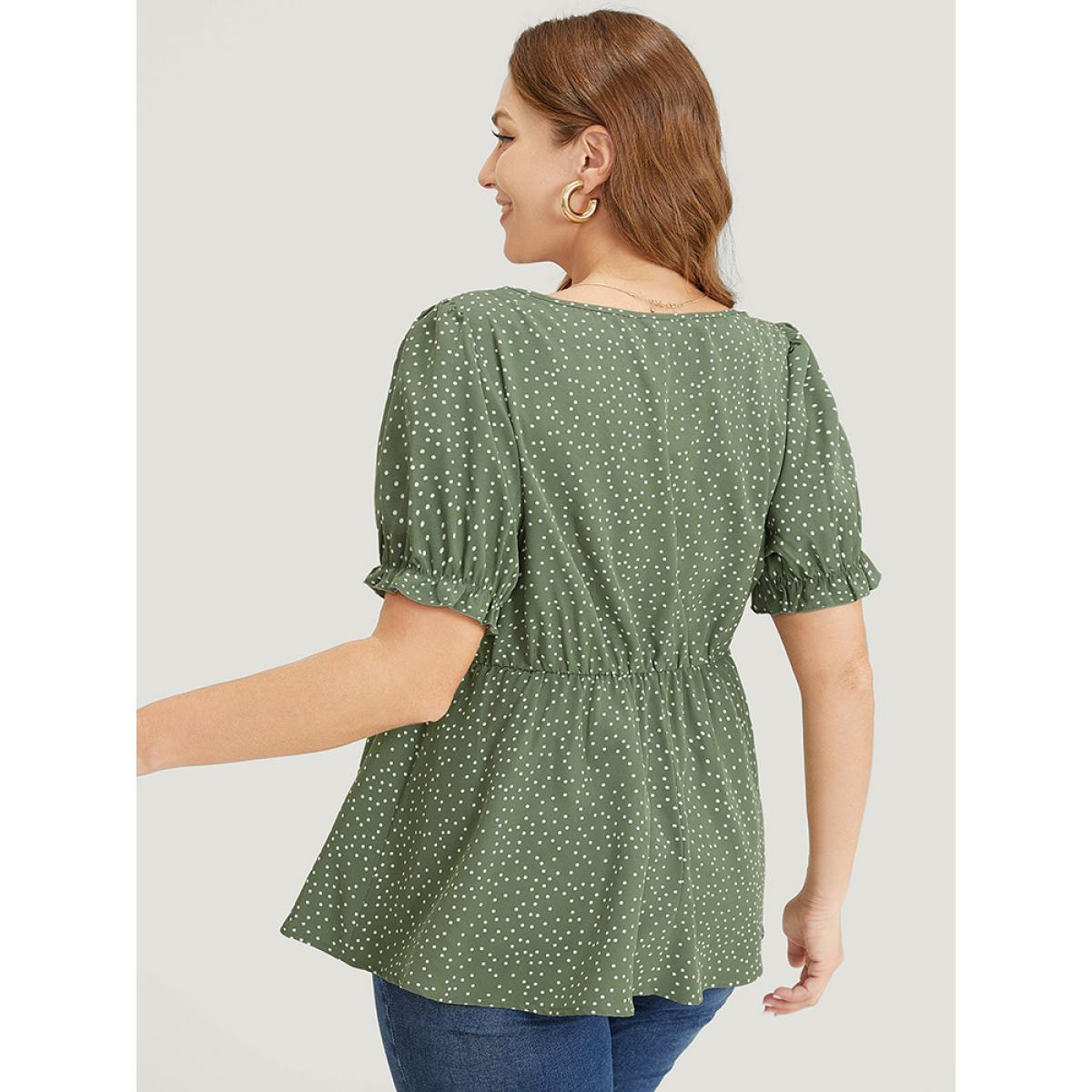 Plus Size ArmyGreen Polka Dot Square Neck Ruffles Puff Sleeve Blouse Women Elegant Short sleeve Square Neck Dailywear Blouses BloomChic 28/5X Product Image