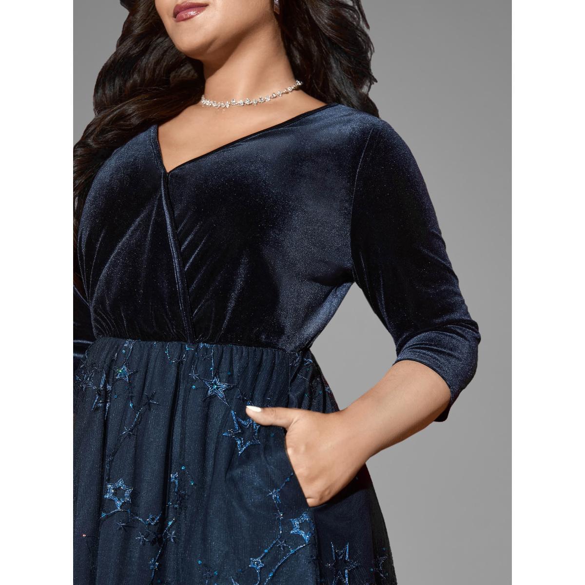 Plus Size Velvet Star Mesh Surplice Neckline Midi Dress DarkBlue Women Cocktail Texture Party Curvy Bloomchic 26/4X Product Image