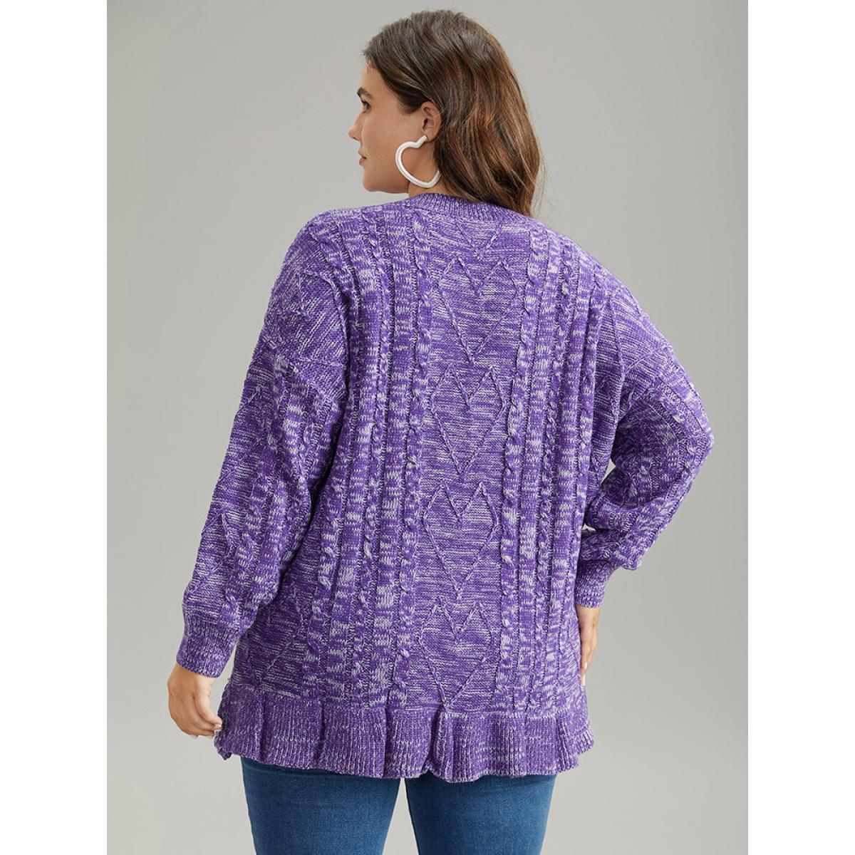 Plus Size Heather Flutter Hem Cable Knit Pullover BlueViolet Women Casual Loose Long Sleeve Round Neck Dailywear Pullovers BloomChic 10/M Product Image
