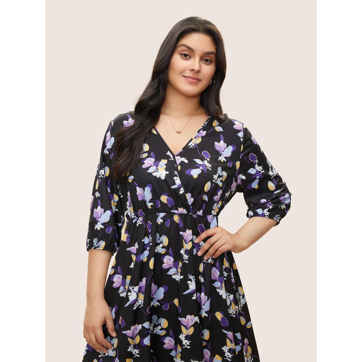 Plus Size Floral Wrap Elastic Waist Lantern Sleeve Cropped Dress Black Women Elegant Non Overlap Collar Elbow-length sleeve Curvy Midi Dress BloomChic 18-20/2X Product Image