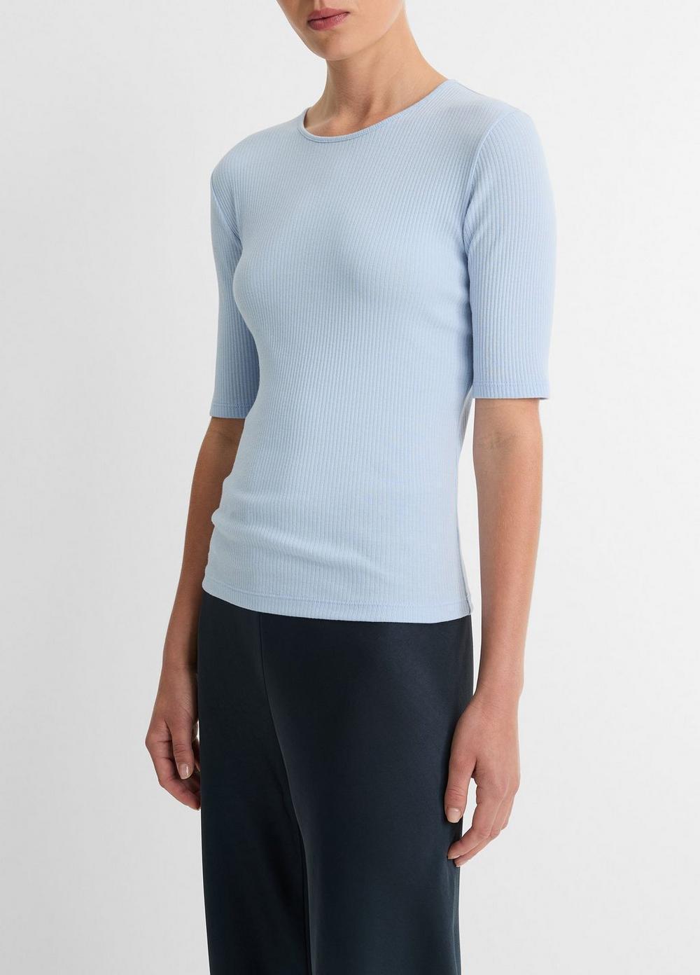 Womens Ribbed Cotton Elbow-Sleeve T-Shirt, Laurel, Size S Vince Product Image