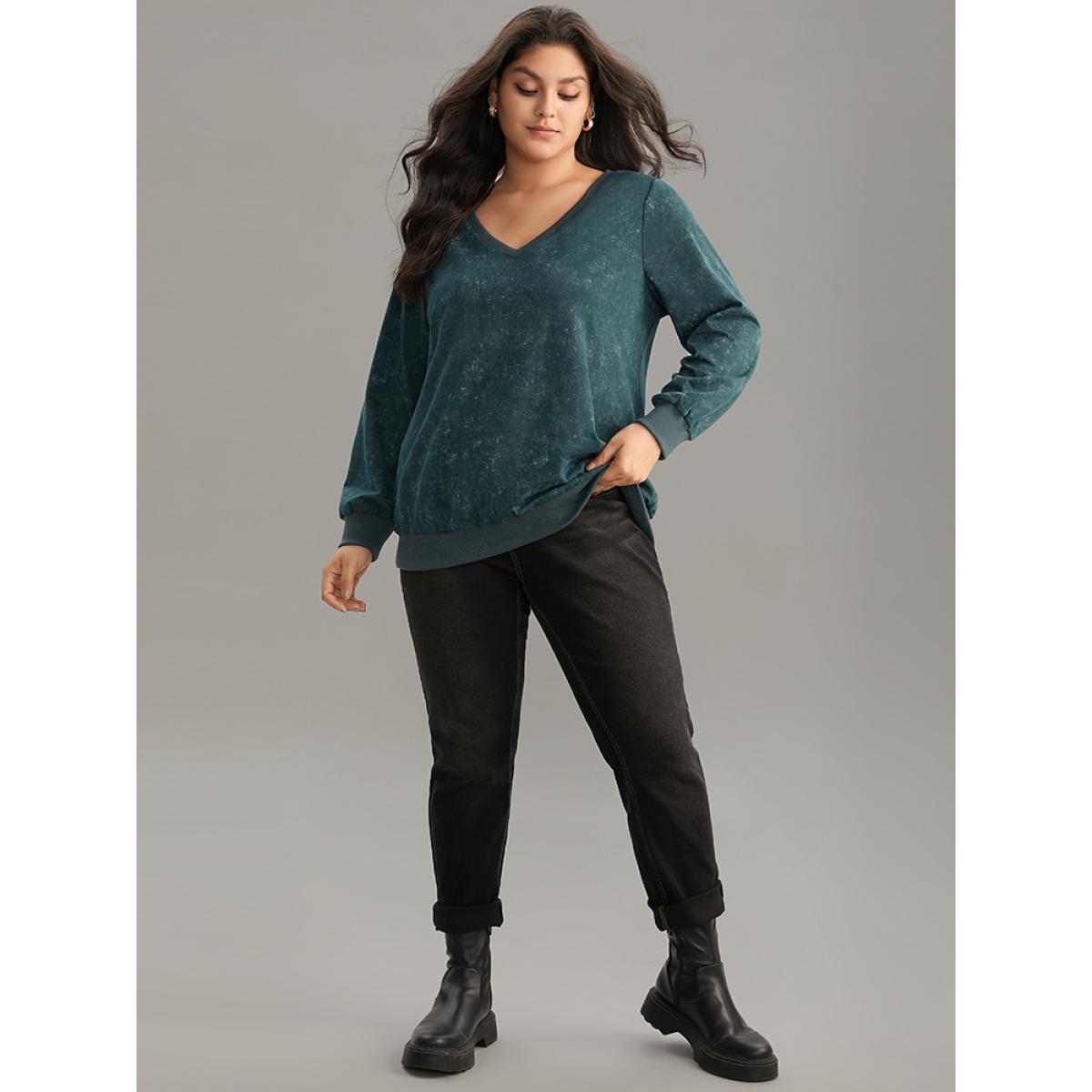 Plus Size Vintage Heather V Neck Rib Knit Sweatshirt Women DarkGreen Casual Rib Knit V-neck Dailywear Sweatshirts BloomChic 30/6X Product Image