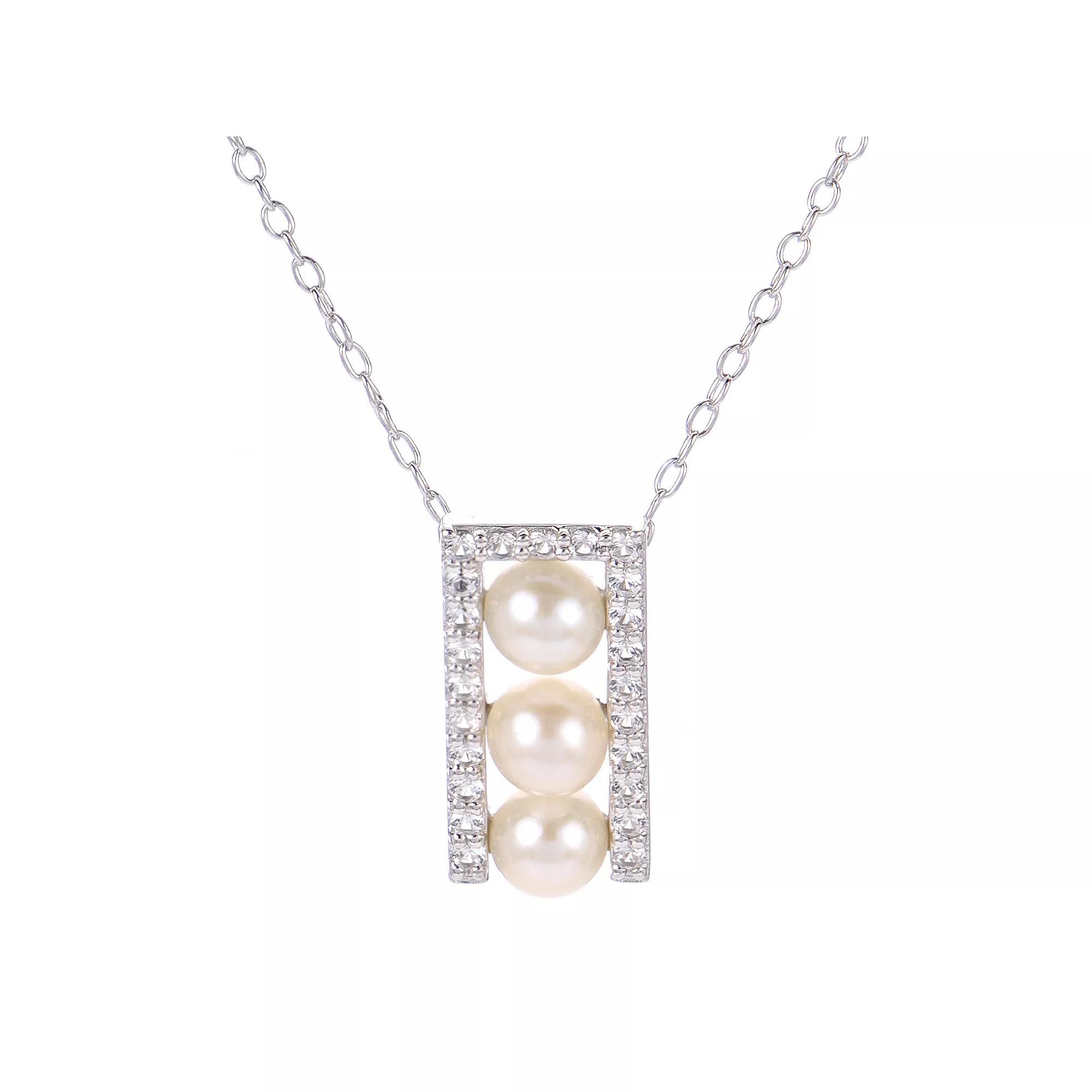PearLustre by Imperial Sterling Silver Triple Freshwater Cultured Pearl & Lab-Created White Sapphire Drop Necklace, Womens Product Image