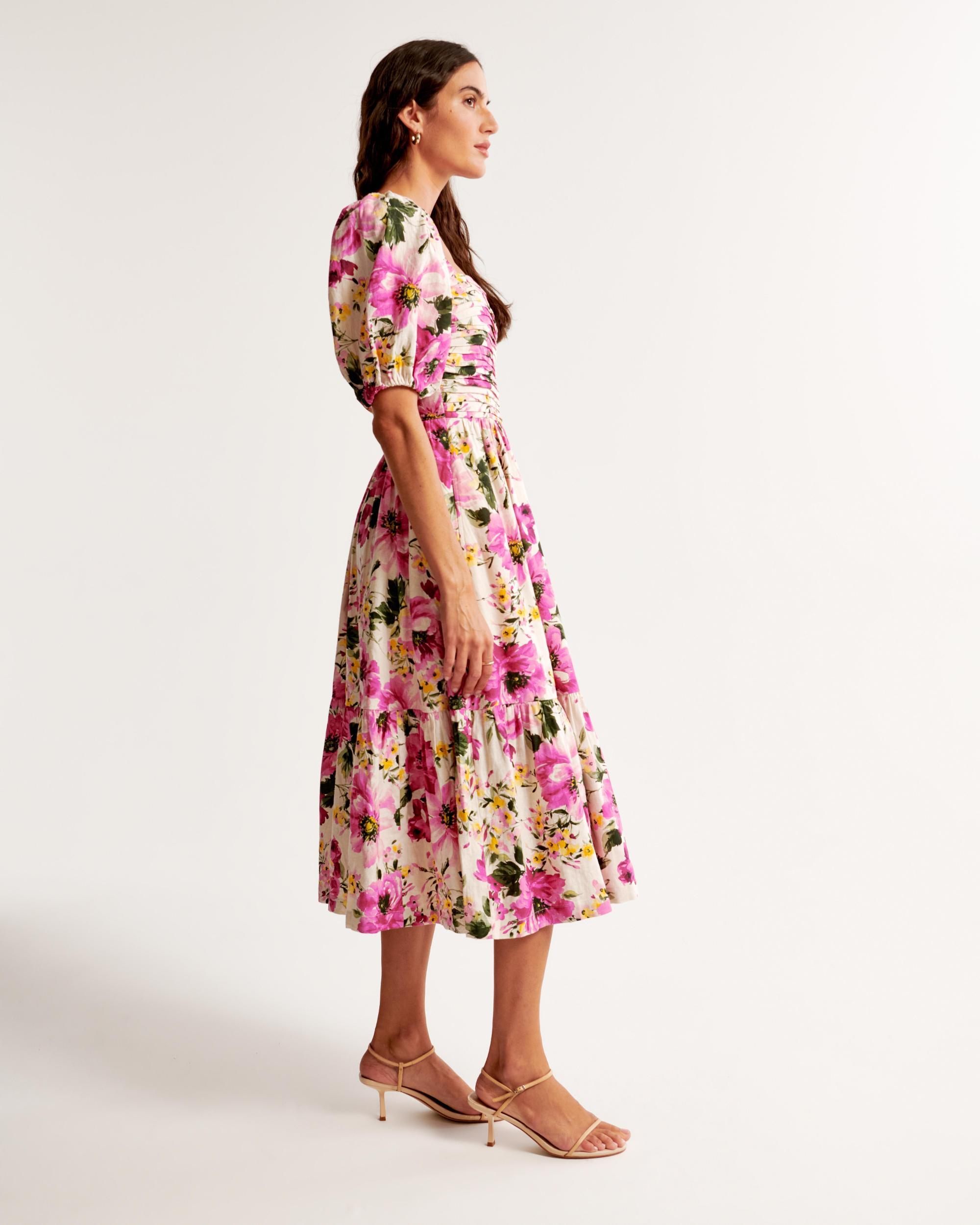 The A&F Emerson Linen-Blend Puff Sleeve Midi Dress Product Image