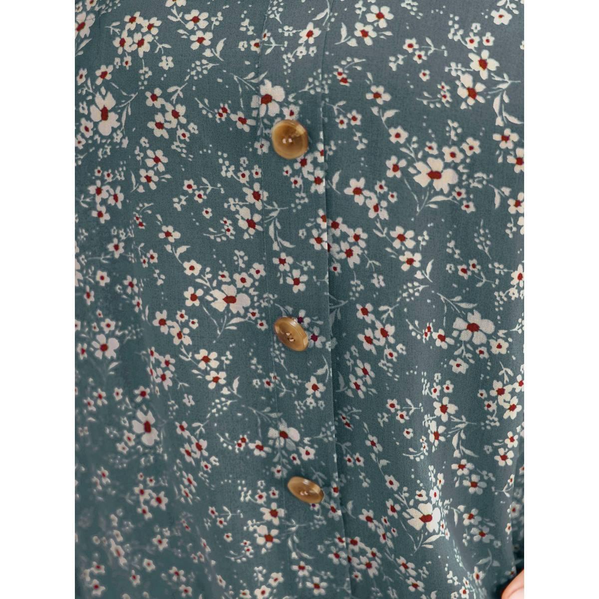 Plus Size Aegean Ditsy Floral Contrast Ruffle Sleeve Button Detail Blouse Women Elegant Short sleeve Non Everyday Blouses BloomChic 28/5X Product Image