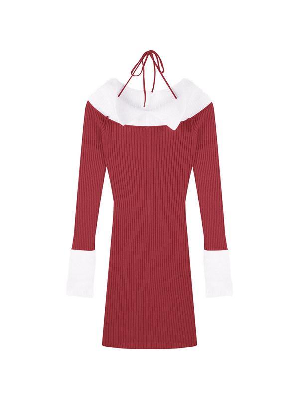 Halter Contrast Color Off Shoulder Knit Mini Dress Product Image