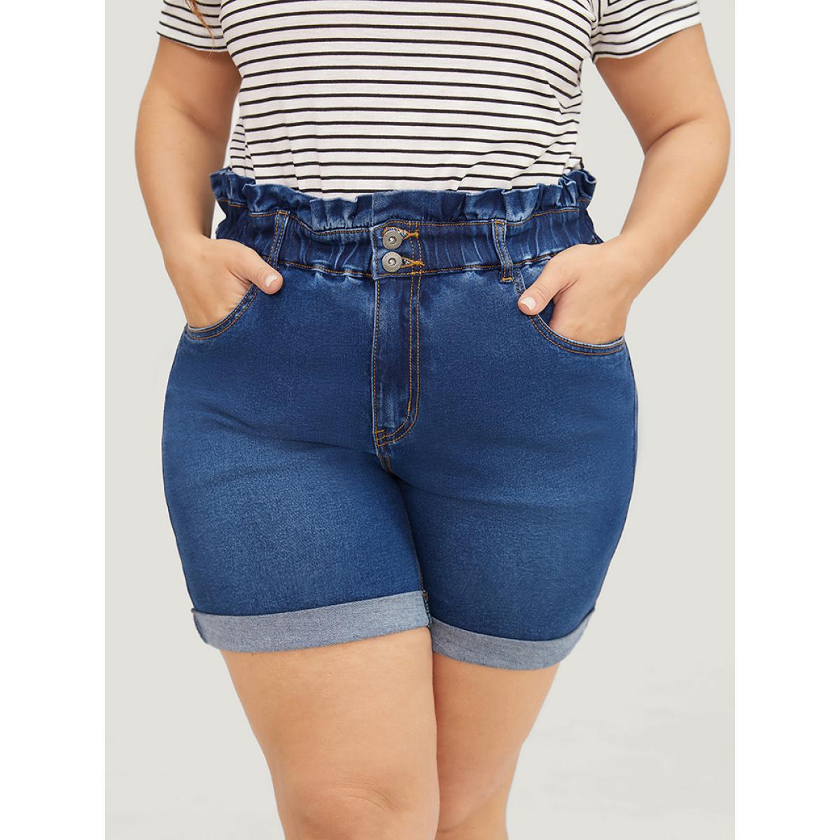 Plus Size Very Stretchy High Rise Medium Wash Paperbag Waist Denim Shorts Women Blue Casual Plain High stretch Pocket Jeans BloomChic 18/2X Product Image