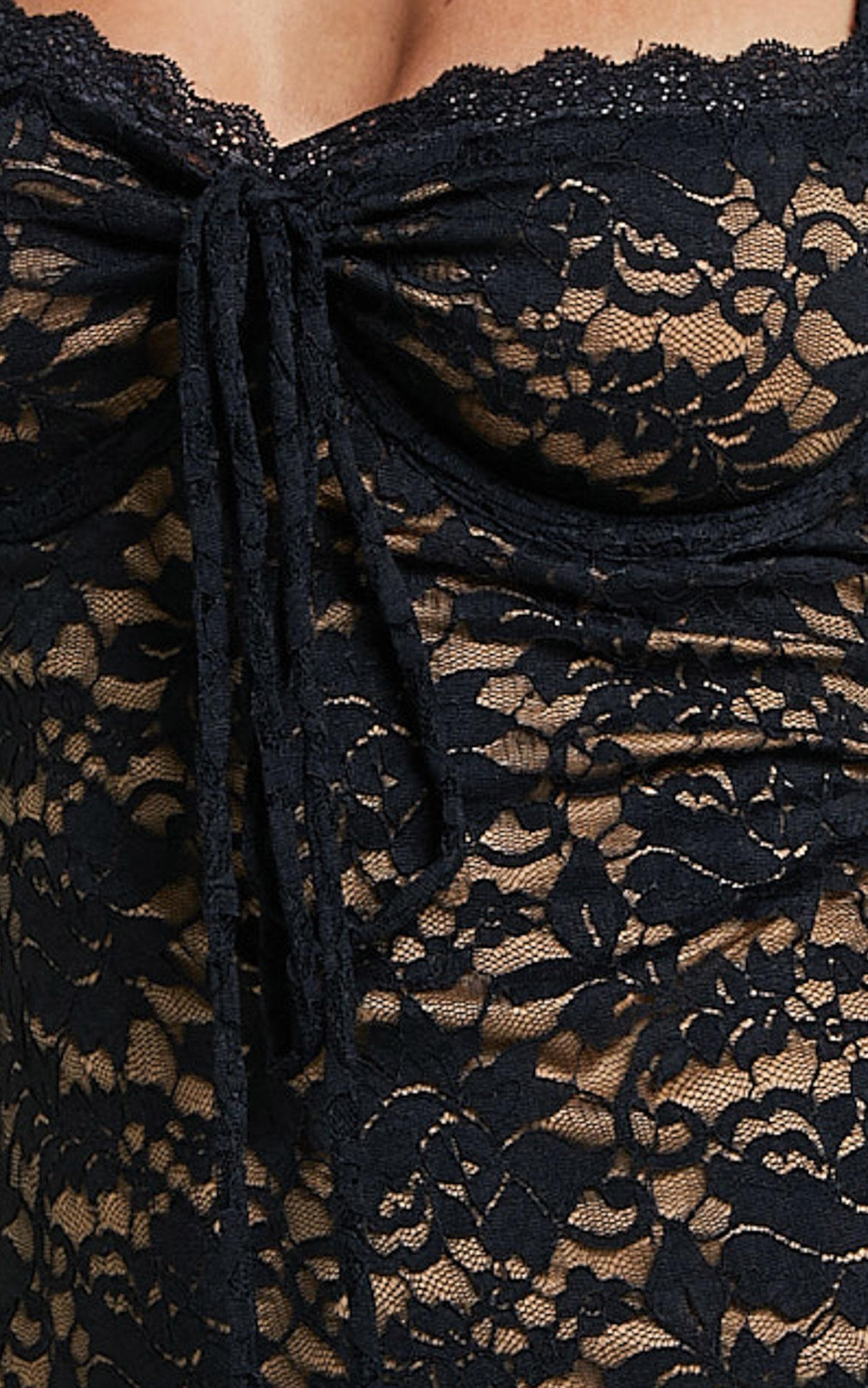 Collette Midi Dress - Ruched Bust Wide Strap Detail Lace Midi Dress in Black Product Image