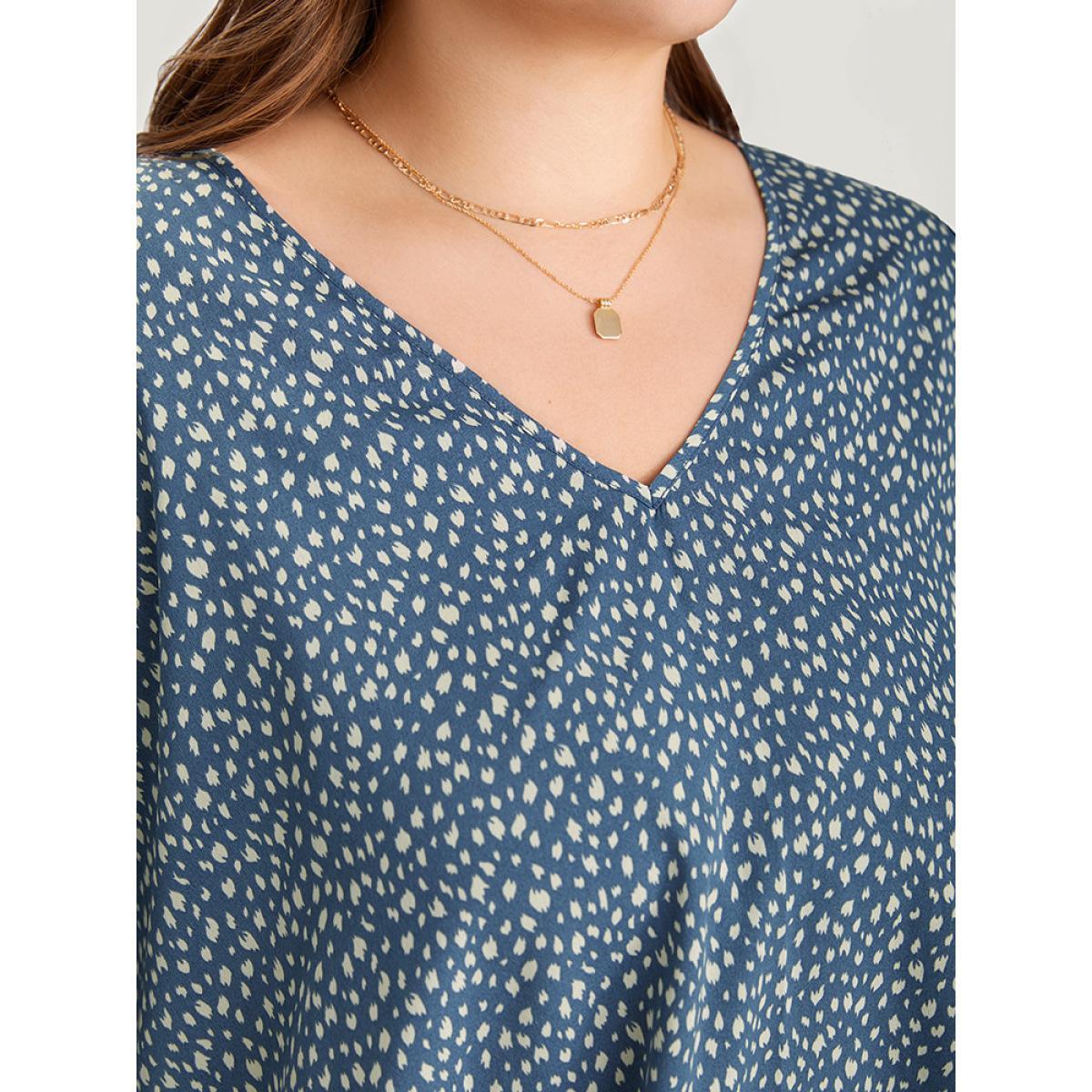 Plus Size Stone Leopard Print Ruffle Trim Asymmetrical Hem Batwing Sleeve Blouse Women Elegant Half Sleeve V-neck Dailywear Blouses BloomChic 30/6X Product Image