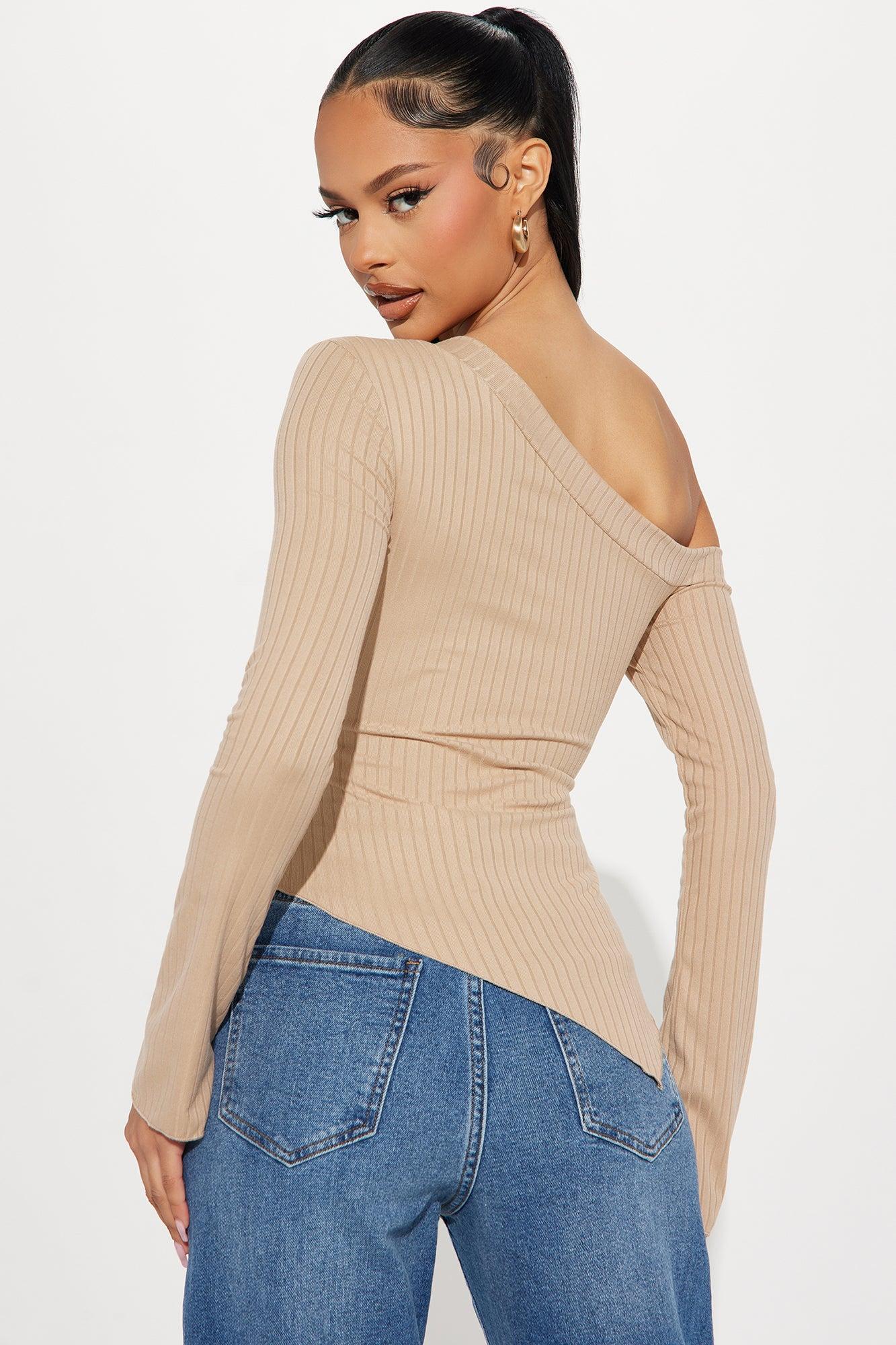 Too Good One Shoulder Top - Taupe Product Image