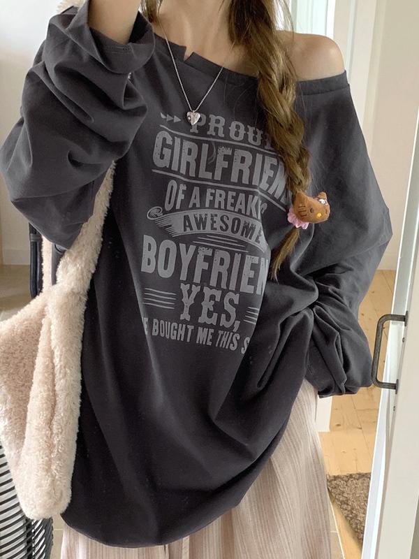 Letter Print Off Shoulder Baggy Sweatshirt Product Image
