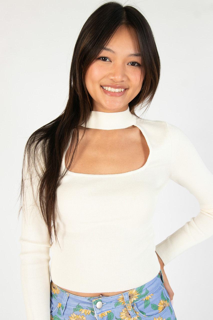 Egret Ribbed Mock Neck Cut Out Sweater Product Image