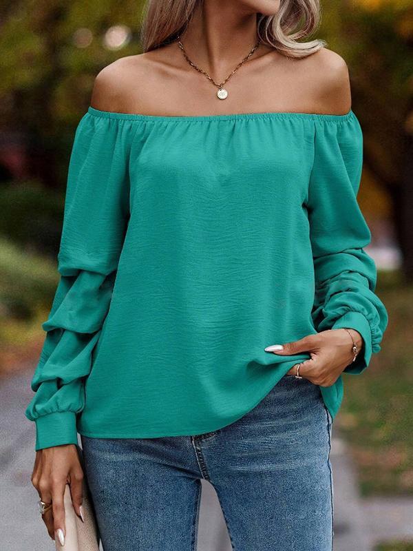 Long Sleeves Loose Elasticity Pleated Solid Color Off-The-Shoulder Blouses&Shirts Tops Product Image