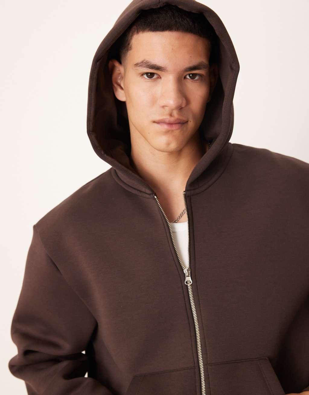 ASOS DESIGN heavyweight boxy oversized zip up scuba hoodie in brown Product Image