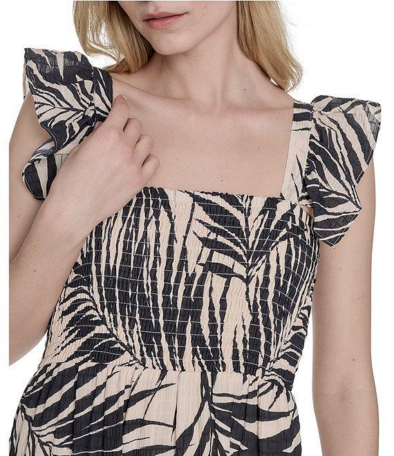 Vince Camuto Smocked Printed Square Neck Sleeveless Tiered Fit And Flare Midi Dress Product Image