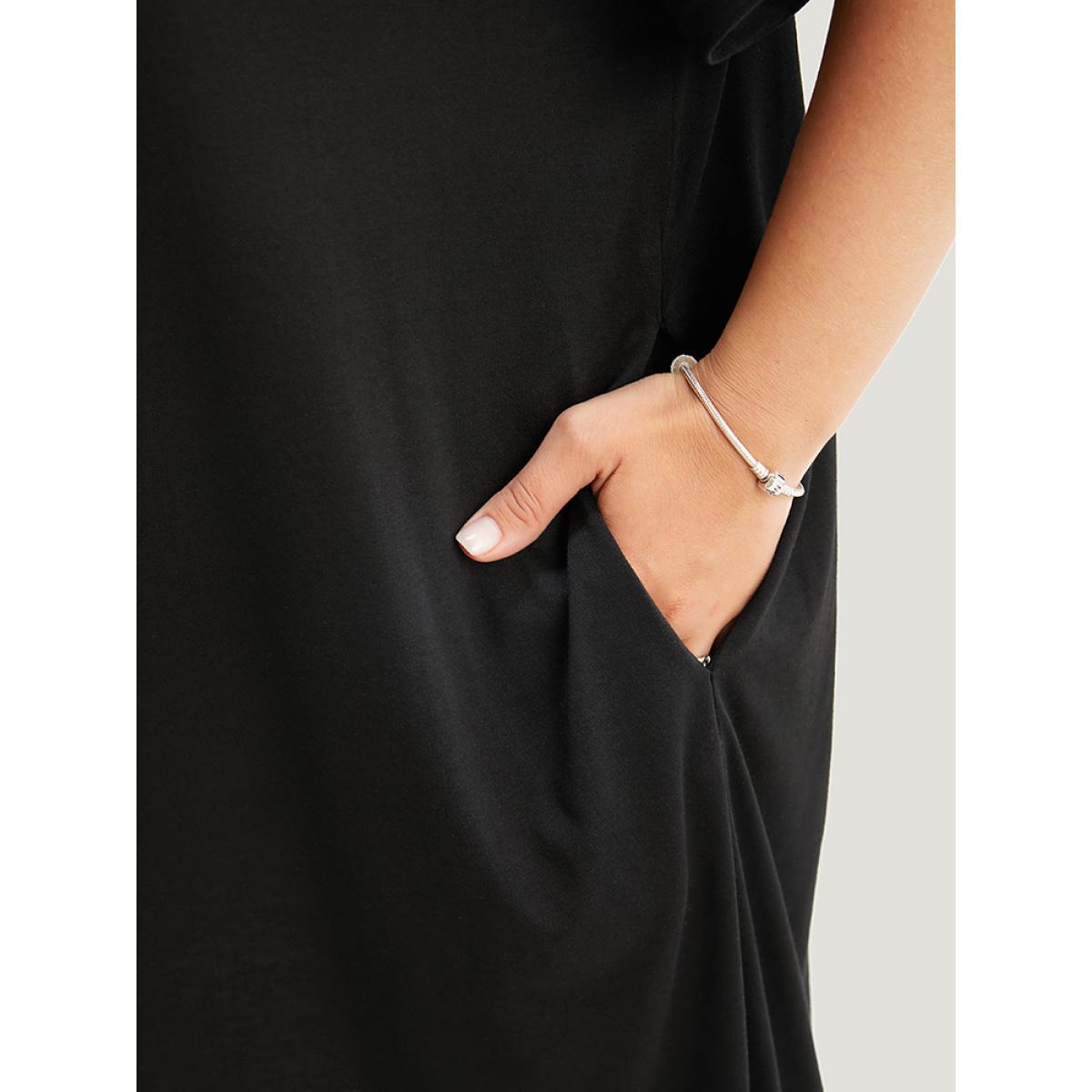 Plus Size Leopard Contrast Pocket Arc Hem Dress Black Women Casual Contrast V-neck Short sleeve Curvy Knee Dress BloomChic 10/M Product Image