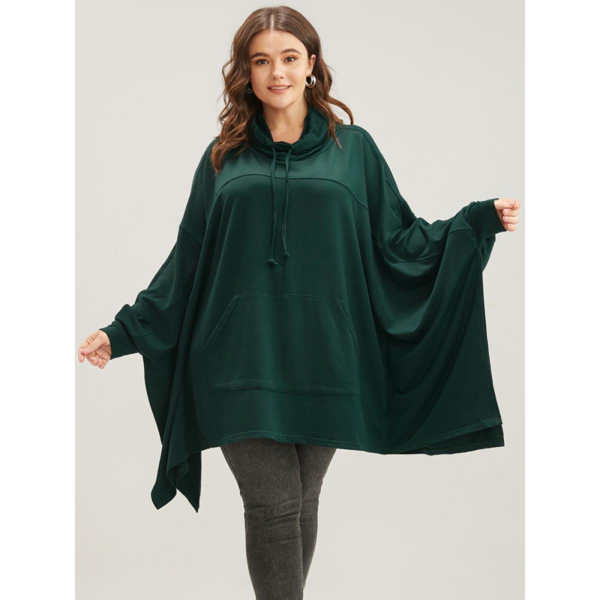 Plus Size Solid Pocket Dolman Sleeve Drawstring Sweatshirt Women DarkGreen Casual Asymmetrical Turtleneck Dailywear Sweatshirts BloomChic 18-20/2X Product Image