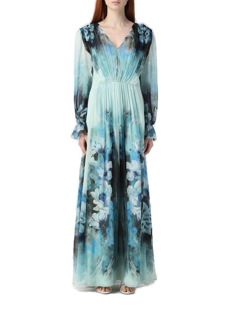 ALBERTA FERRETTI Floral Printed Pleated Midi Dress In Light Blue Product Image