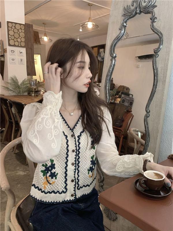 V-Neck Flower Embroidered Lace Trim Cardigan Product Image
