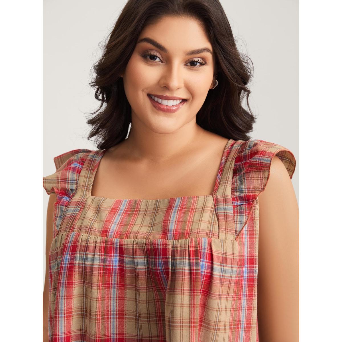 Plus Size Raspberry Plaid Print Flutter Sleeve Pleated Blouse Women Cap Sleeve Square Neck Everyday-Casual Blouses BloomChic 10/M Product Image