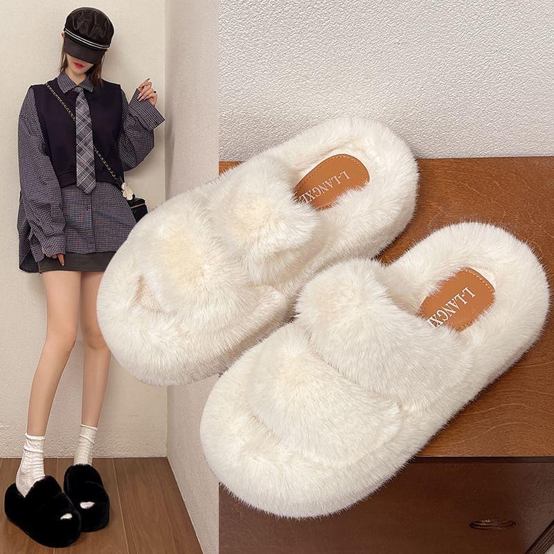 Platform Plain Fluffy Slide Sandals Product Image