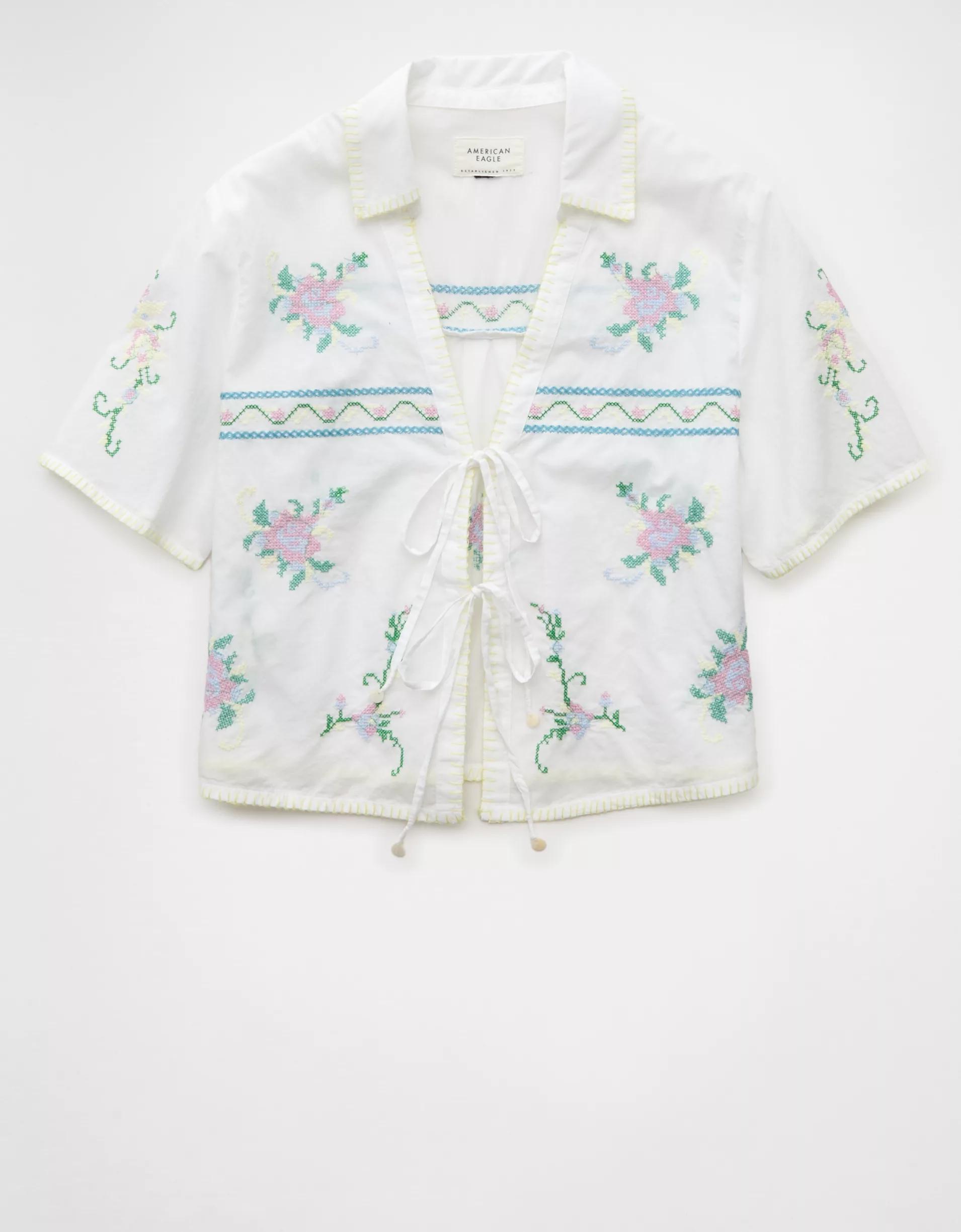 AE Collared Tie Front Embroidered Shirt Product Image