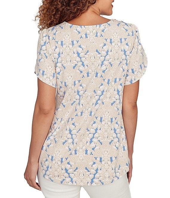 Ruby Rd. Petite Size Embroidered Printed Sweetheart Neck Short Tulip Sleeve Top Product Image