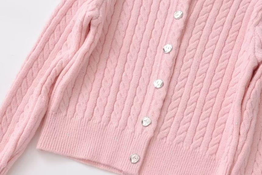 Plain Button-Up Cable Knit Cardigan Product Image