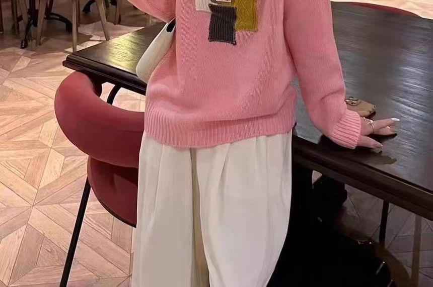 Crew Neck Patchwork Oversized Sweater Product Image