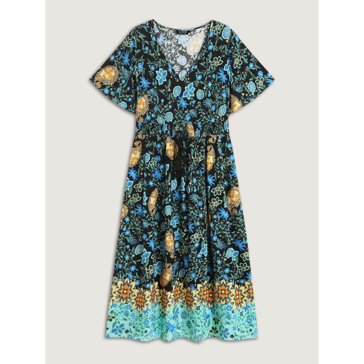 Plus Size Rayon Paisley Print Shirred Midi Dress Black Women V-neck Short sleeve Curvy BloomChic 18-20/2X Product Image