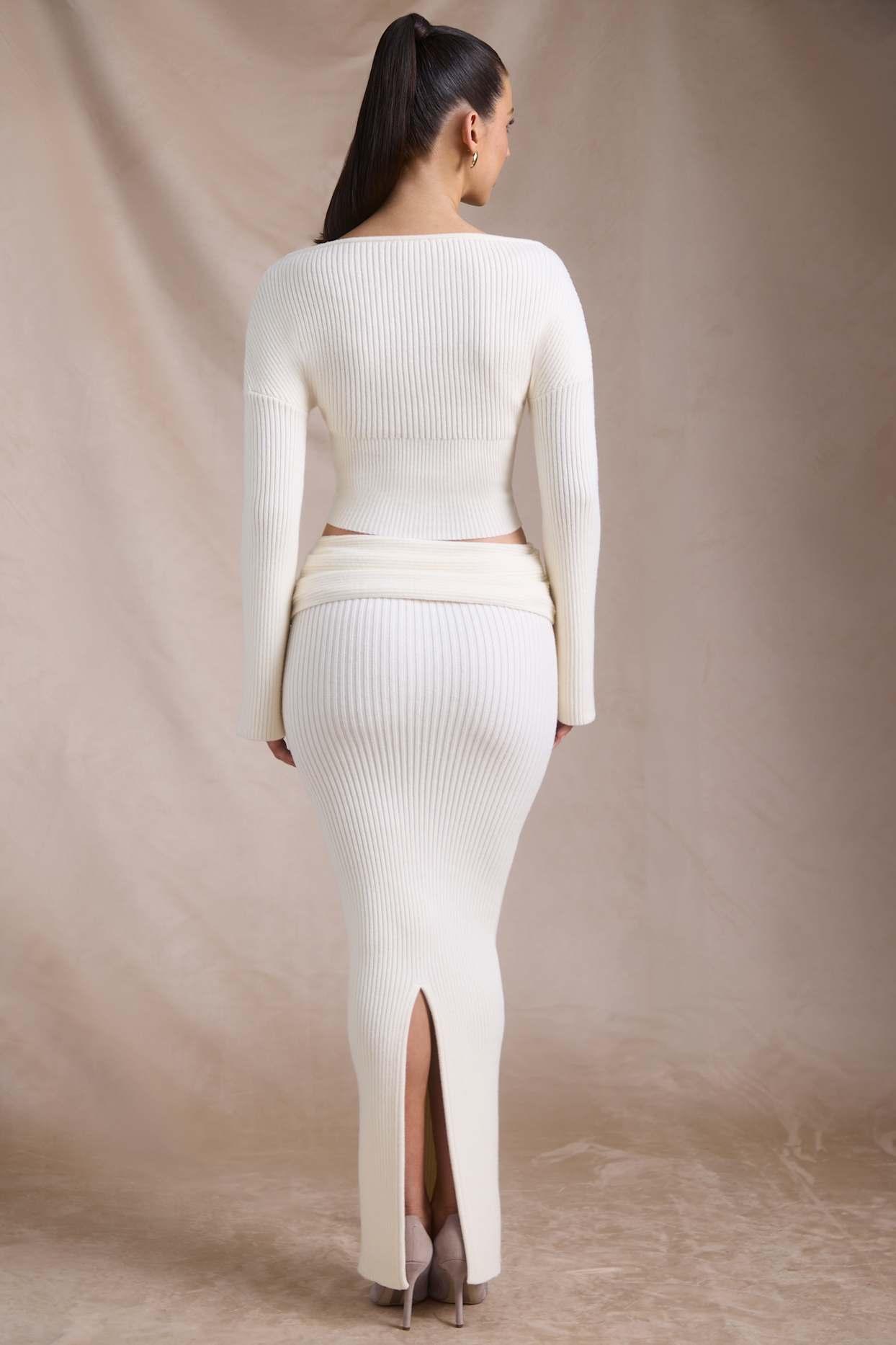 Ribbed-Knit Slash-Neck Top in Ivory Product Image