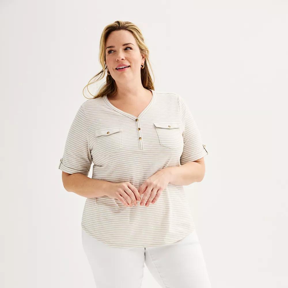 Plus Croft & Barrow® Elbow Sleeve Utility Henley Top, Women's, Size: 4XL, Beige Stripe Product Image