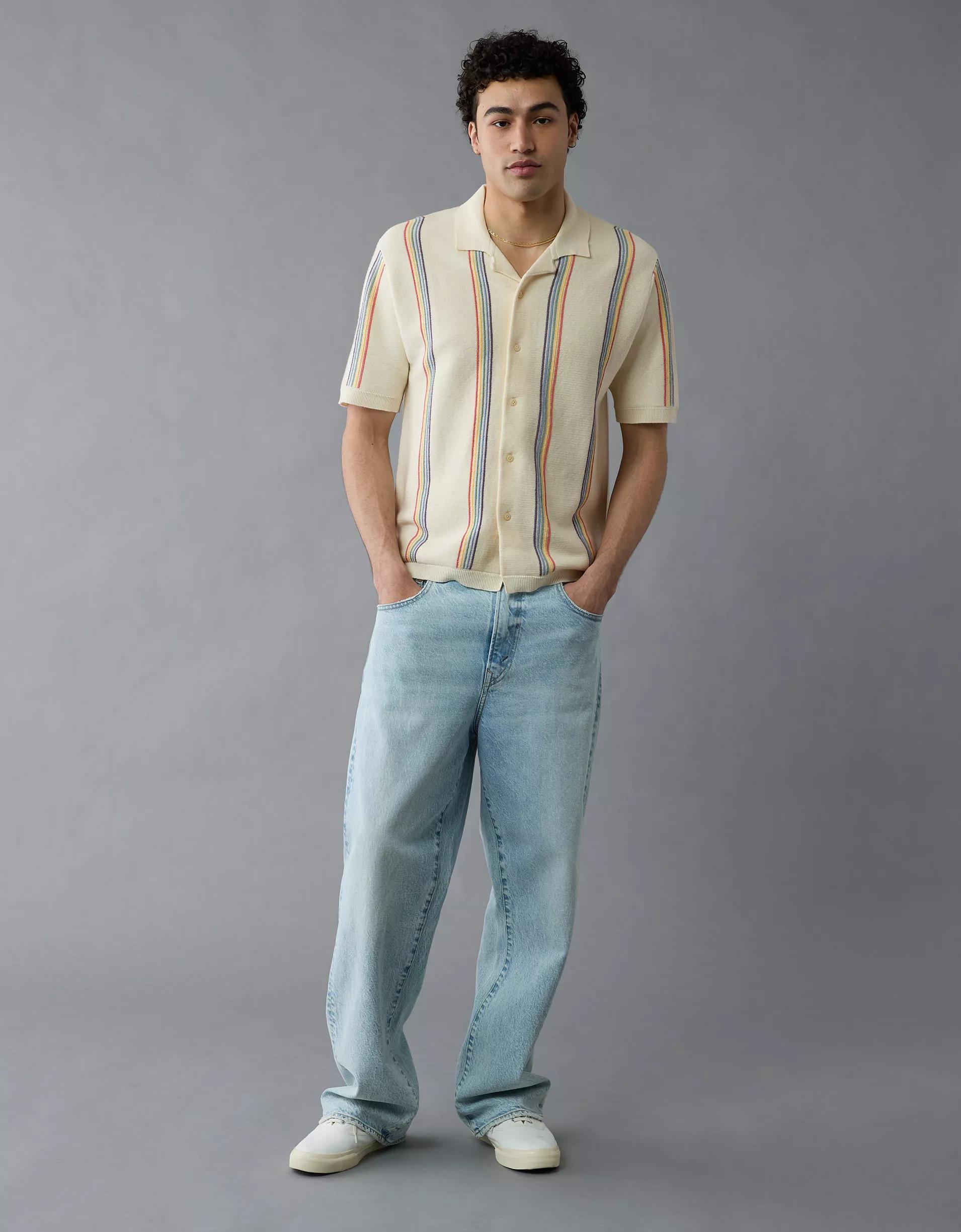 AE Pride Weekend Striped Button-Up Sweater Polo Shirt Product Image
