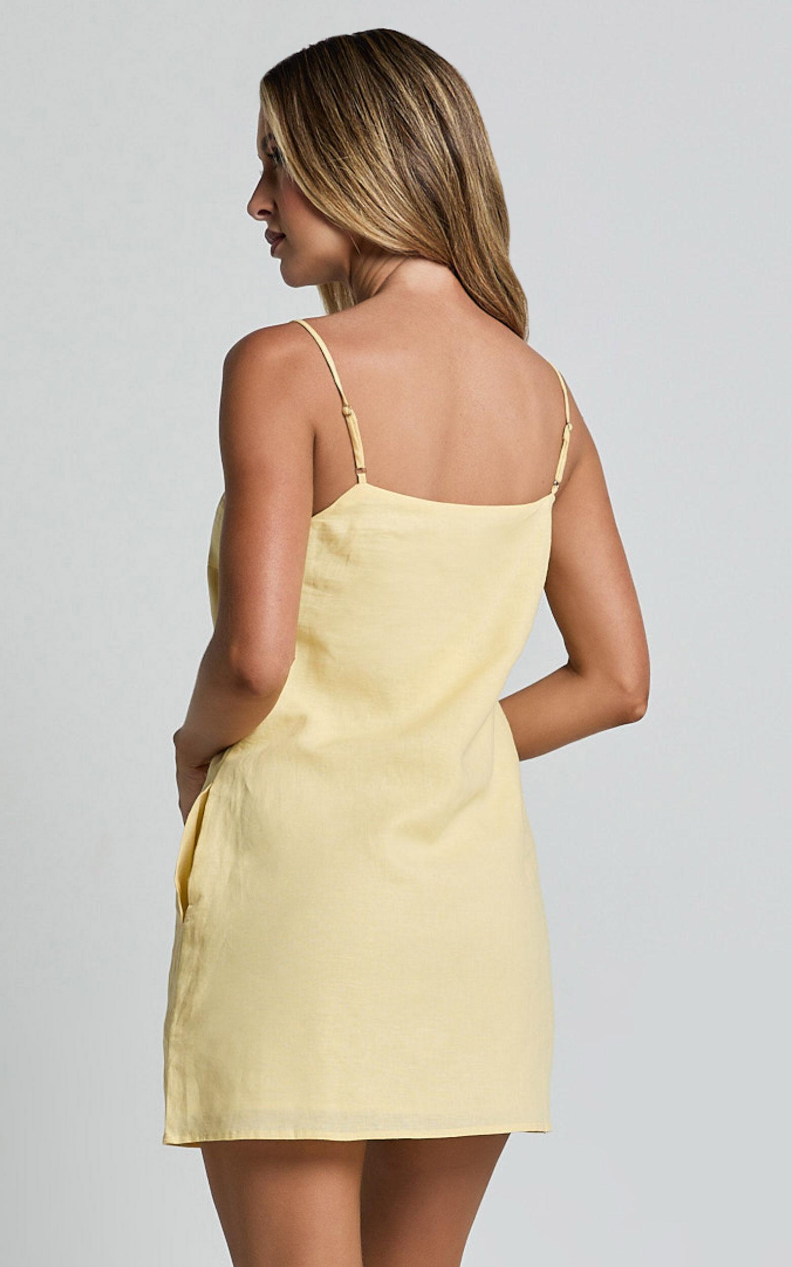 Mavie Mini Linen Dress - Linen Strappy Shift Dress in Lemon Product Image