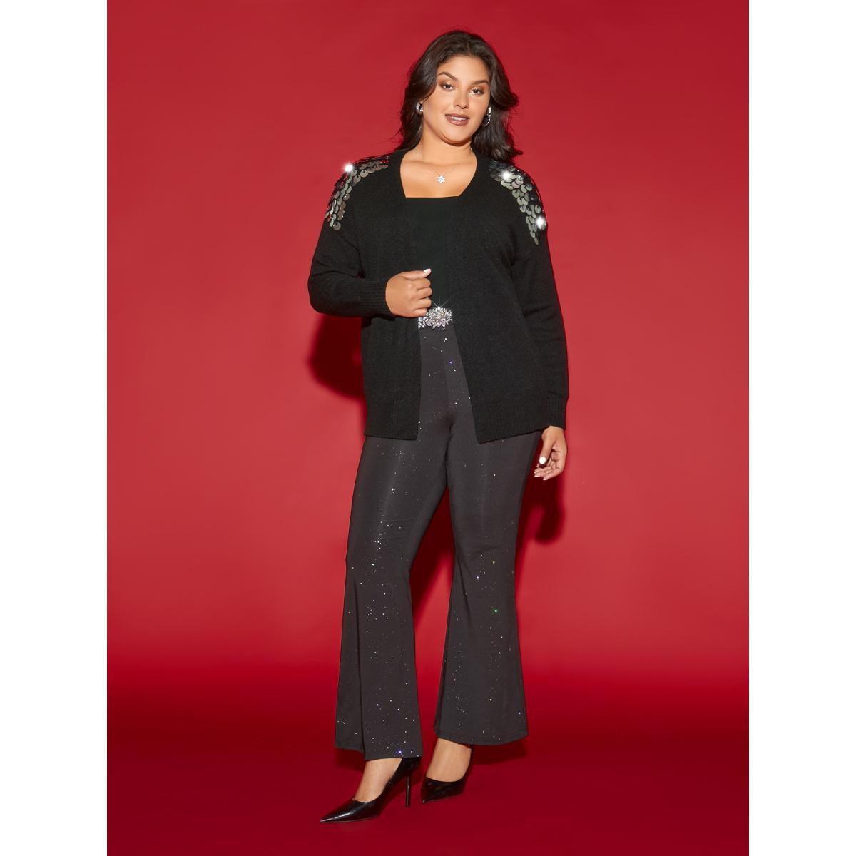 Plus Size Supersoft Essentials Silver Sequins Shoulder Open Cardigan Black Women Cocktail Loose Long Sleeve Party Cardigans BloomChic 12/L Product Image