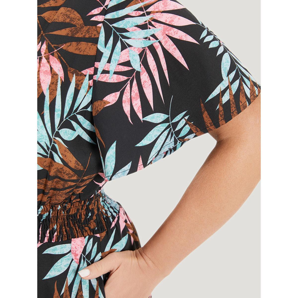 Plus Size Black Tropical Print Knot Neck Shirred Wrap Jumpsuit Women Elegant Short sleeve Tie Neck Dailywear Loose Jumpsuits BloomChic 18-20/2X Product Image