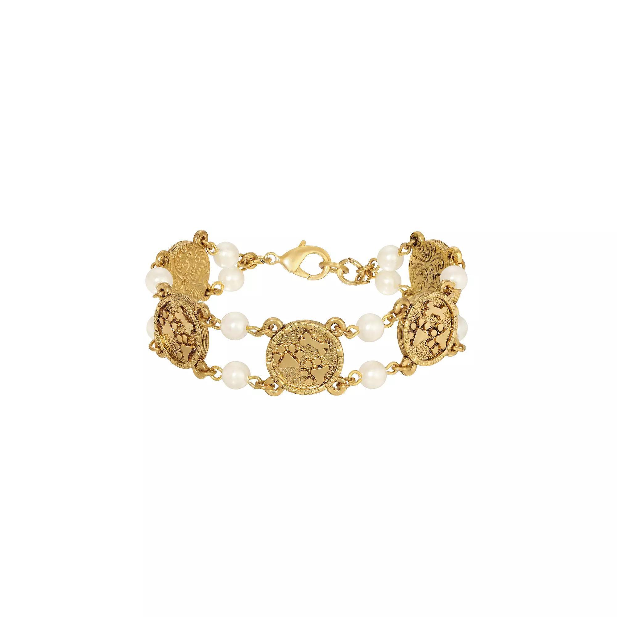 1928 Gold Tone Dog Paws & Bone Faux Pearl Bead Bracelet, Womens, White Product Image