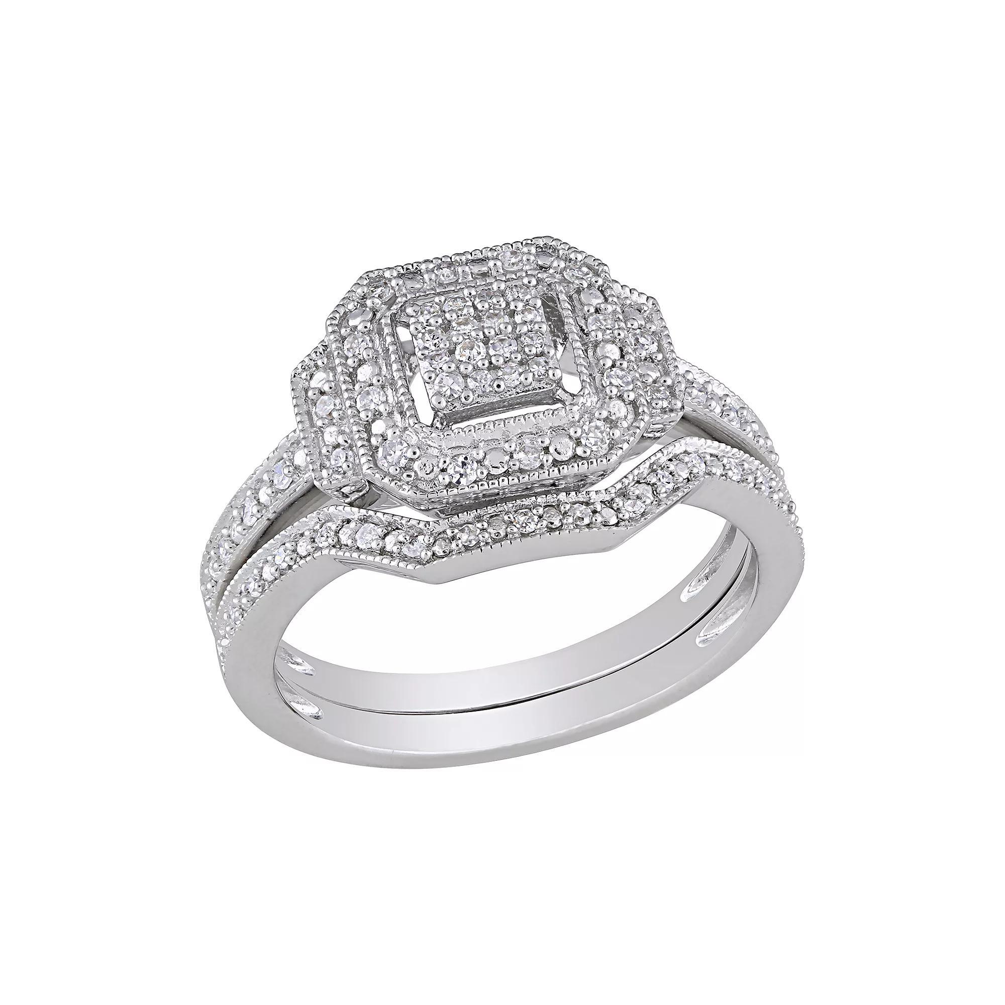 Stella Grace Sterling Silver 1/4 ct. T.W. Diamond Halo Engagement Ring Set, Women's, Size: 7 Product Image