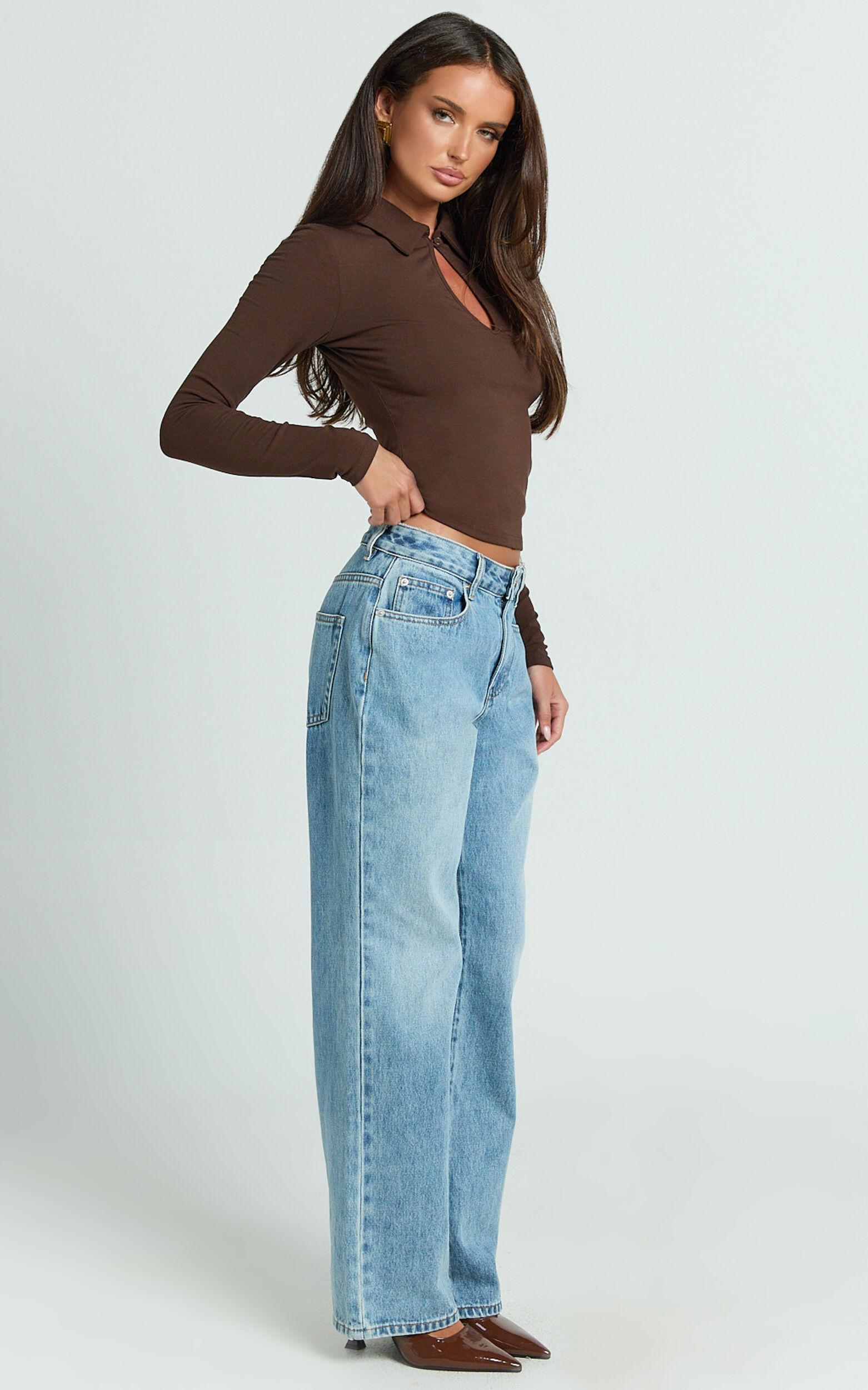 Tove Top - Long Sleeve Collared Polo Top in Dark Chocolate Product Image