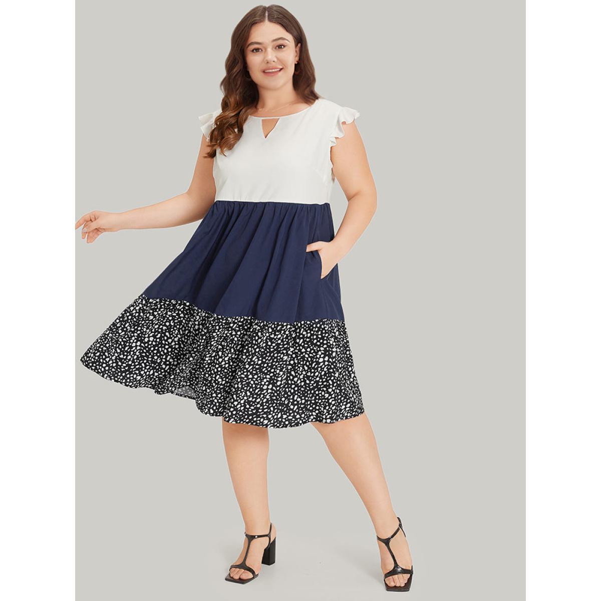Plus Size Leopard Print Patchwork Ruffle Cap Sleeve Keyhole Dress DarkBlue Women Elegant Patchwork Keyhole Cut-Out Cap Sleeve Curvy Knee Dress BloomChic 14-16/1X Product Image