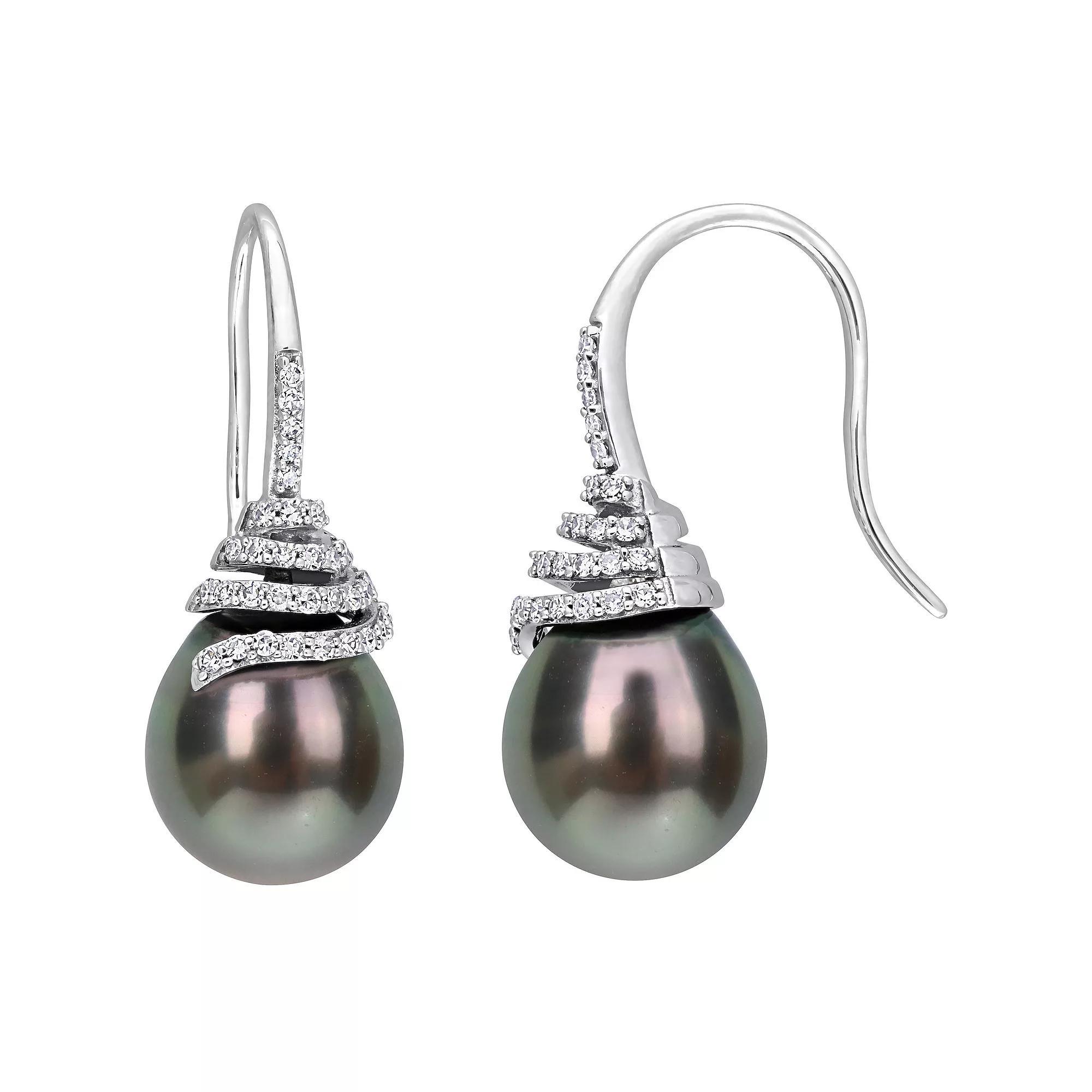 Stella Grace 14k White Gold Tahitian Cultured Pearl & 1/3 Carat T.W. Diamond Swirl Earrings, Womens Product Image
