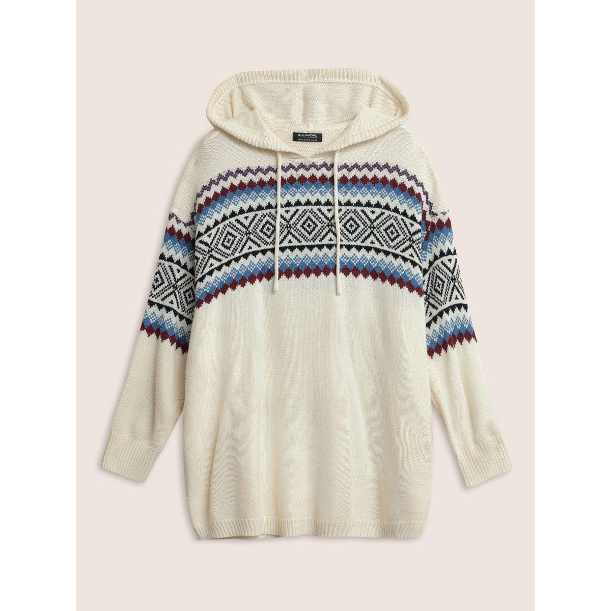 Plus Size Geometric Jacquard Drop Shoulder Drawstring Pullover Ivory Women Casual Loose Long Sleeve Hooded Everyday Pullovers BloomChic 12/L Product Image