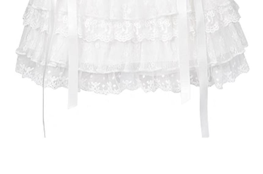 High Rise Plain Bow Tiered Panel Lace Mini A-Line Skirt Product Image