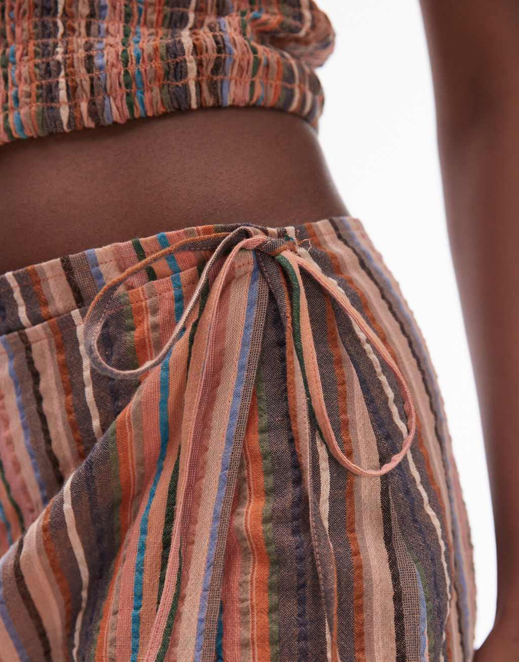 Topshop textured wrap beach skirt in brown stripe Product Image