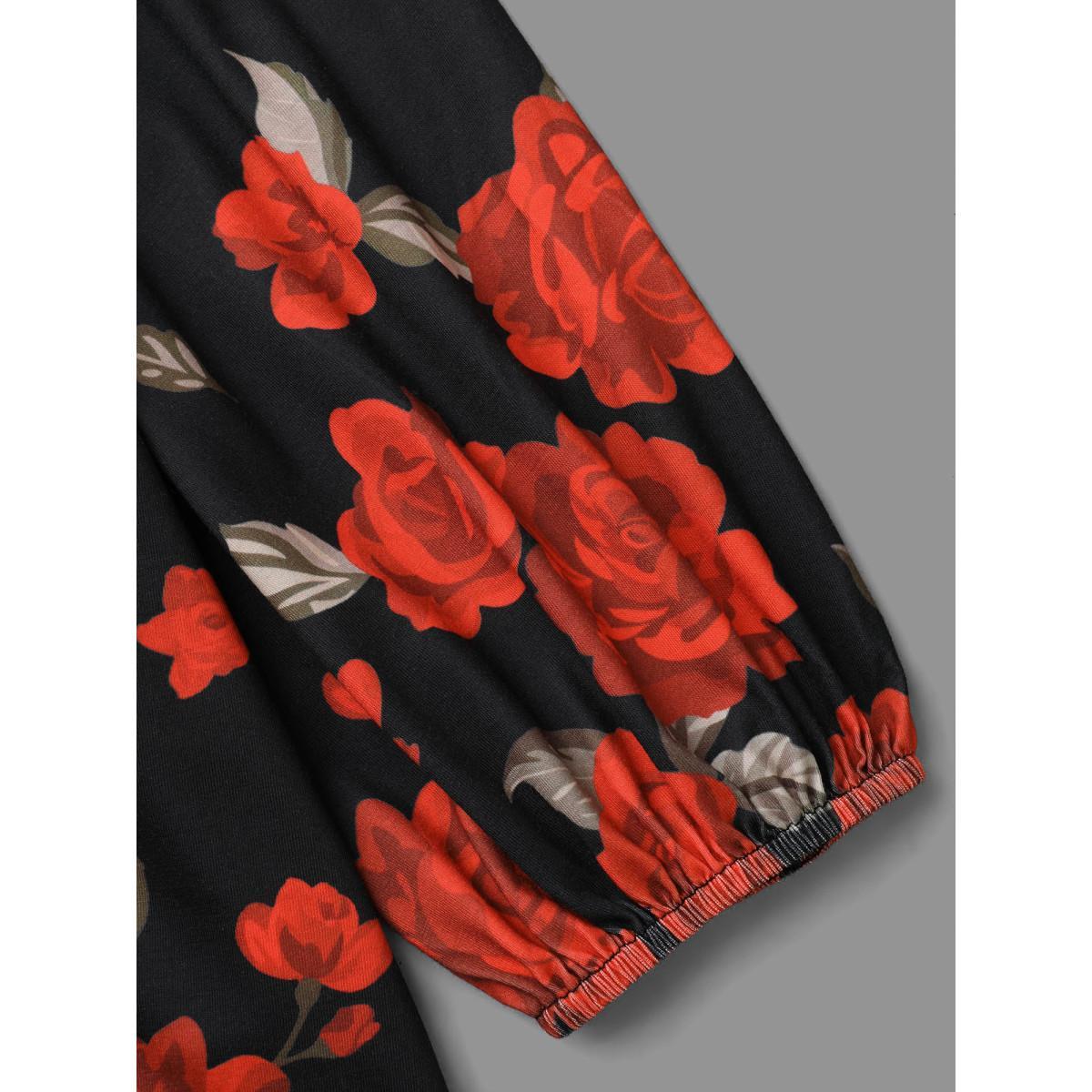 Plus Size Floral Hem V-Neck Stretchy T-shirt Black Women Elegant Contrast Natural Flowers V-neck Everyday T-shirts BloomChic 30/6X Product Image