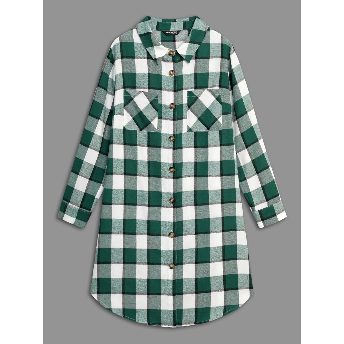Plus Size Plaid Patched Pocket Arc Hem Jacket Women DarkGreen Button Loose Side seam pocket Everyday Jackets BloomChic 28/5X Product Image