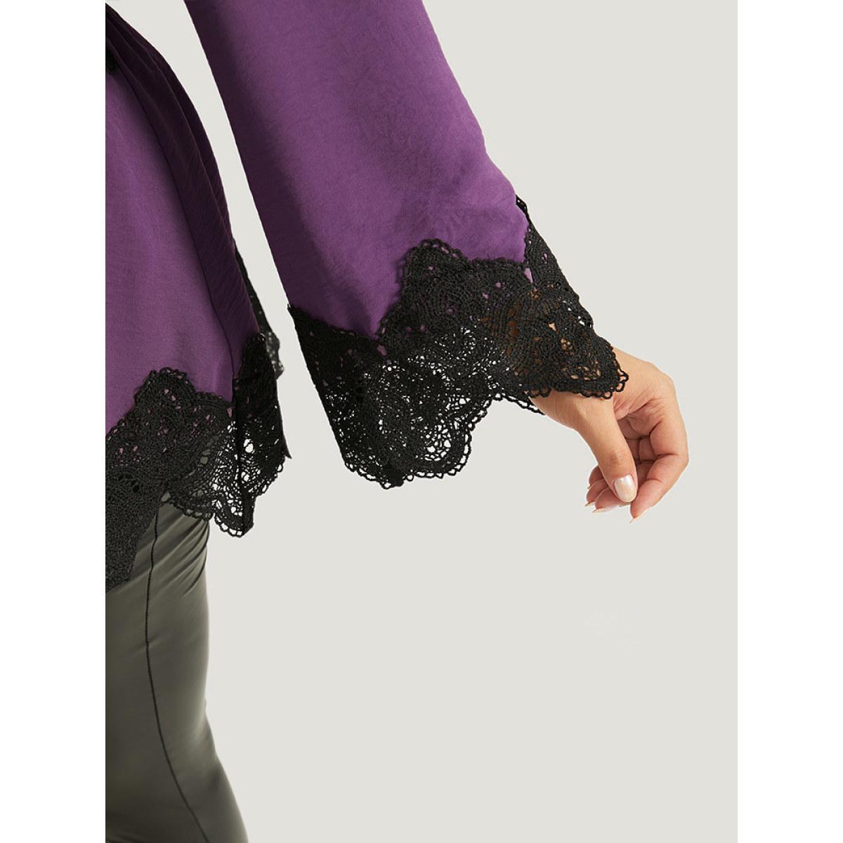 Plus Size Mauve Halloween Plain Eyelet Lace Scalloped Trim Blouse Women Elegant Long Sleeve V-neck Dailywear Blouses BloomChic 26/4X Product Image