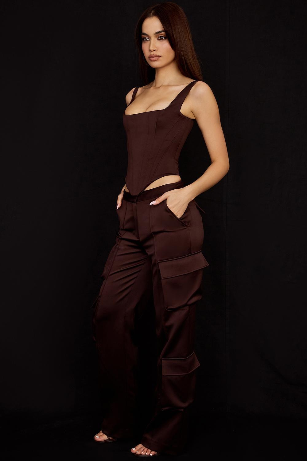 Daria Chocolate Satin Cargo Trousers Product Image