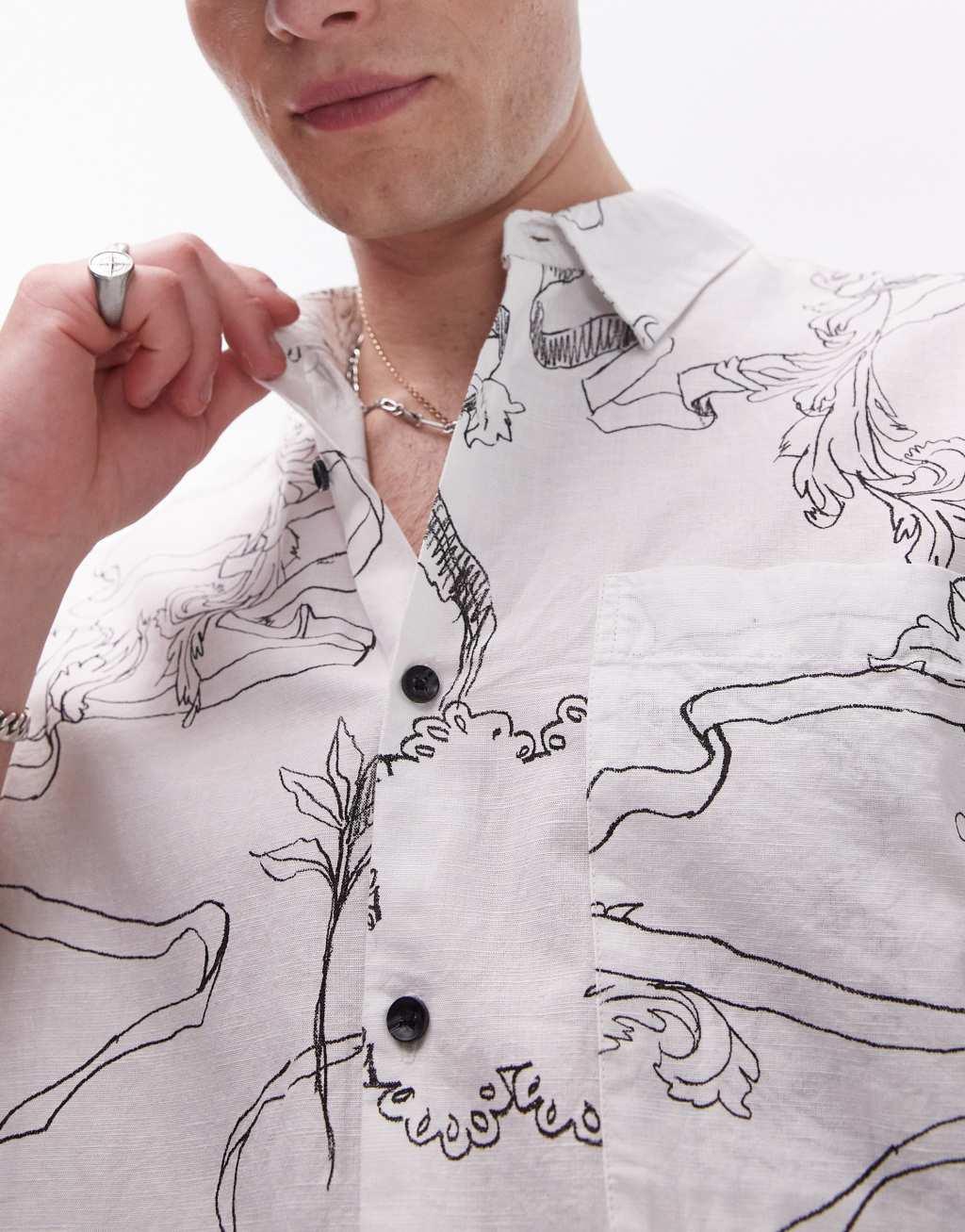Topman short sleeve relaxed printed linen blend mix shirt in white  Product Image