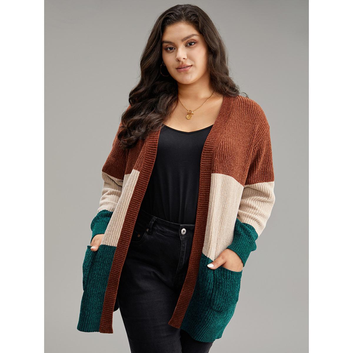 Plus Size Open Front Colorblock Patched Pocket Cardigan Multicolor Women Casual Loose Long Sleeve Dailywear Cardigans BloomChic 10/M Product Image